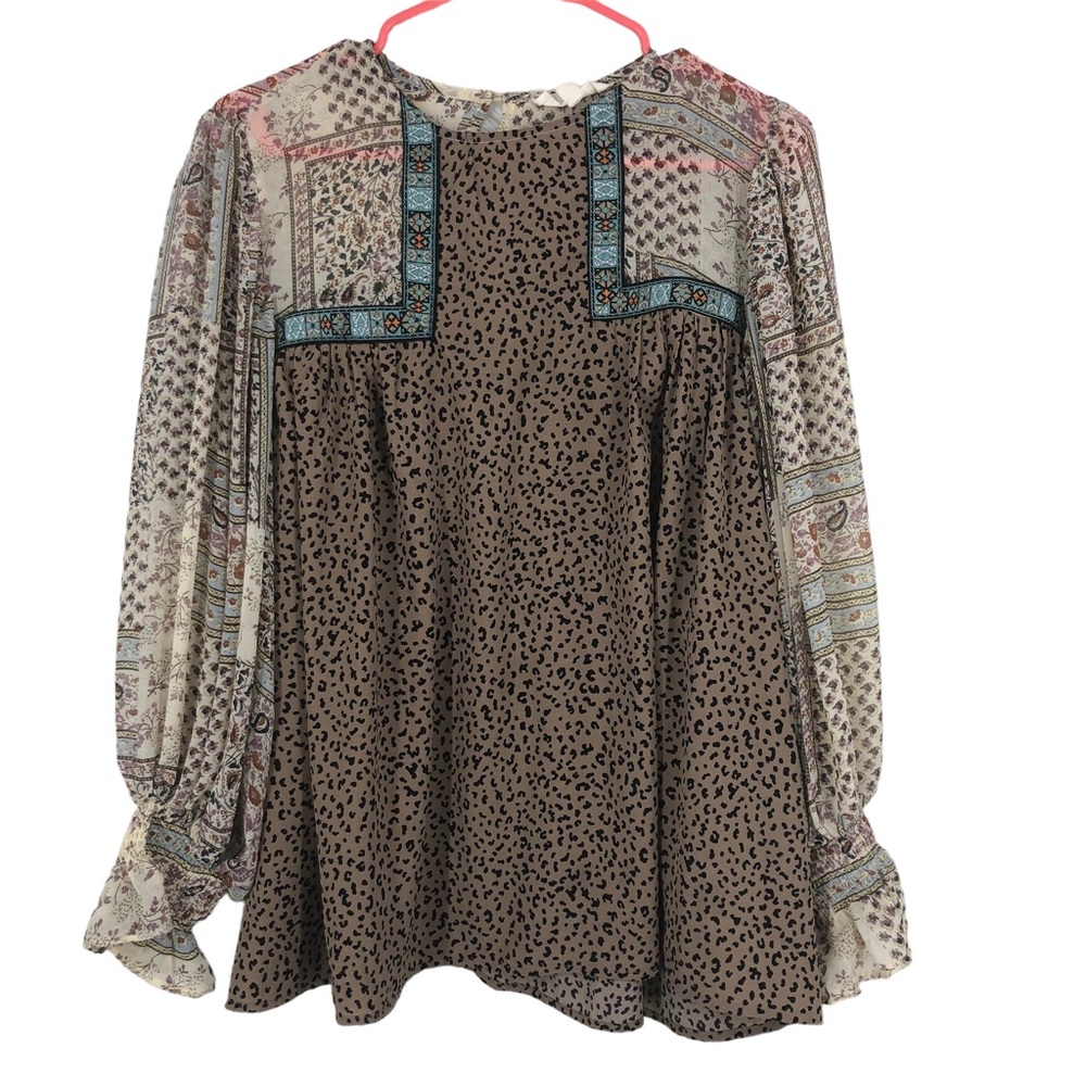 Entro Animal & Floral Print Blouse with Balloon Poet Sleeves, Smocked Wrist, S
